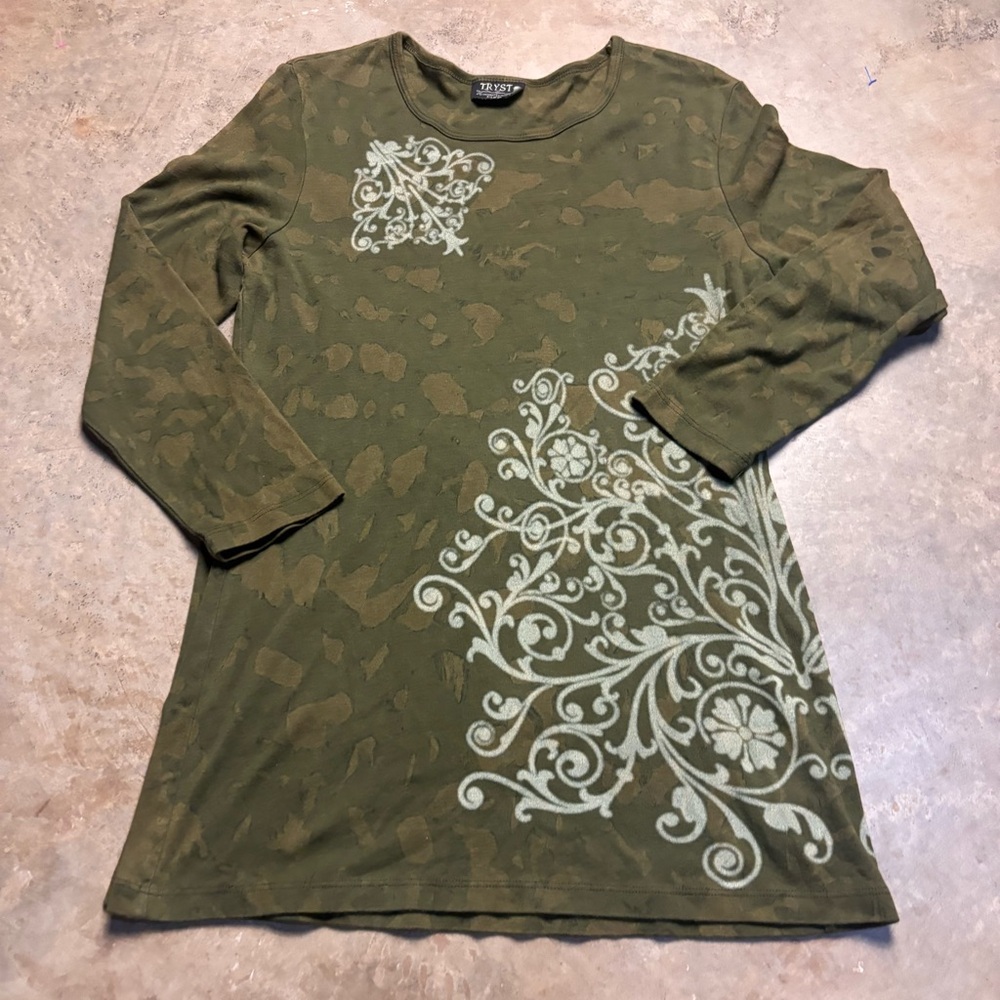 Tryst Retro Y2K Skater Olive Green Camo MallGoth Printed Shirt Womens XL